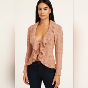 ELLE SZ XS Coral Peach Hook Ruffle Cardigan Sweater Feminine Sparkling Women's